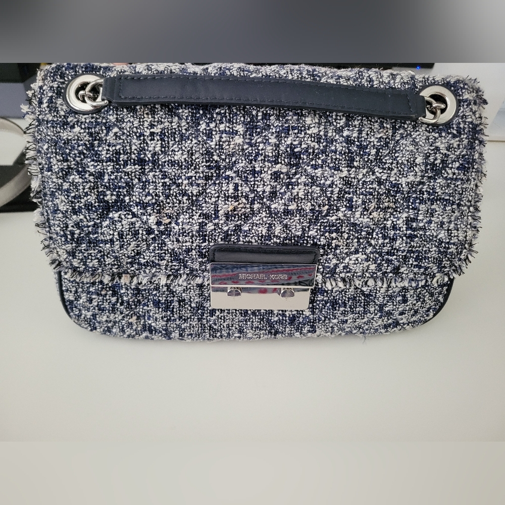 Michael Kors Sloan Large Admiral Tweed Shoulder Bag Navy Blue